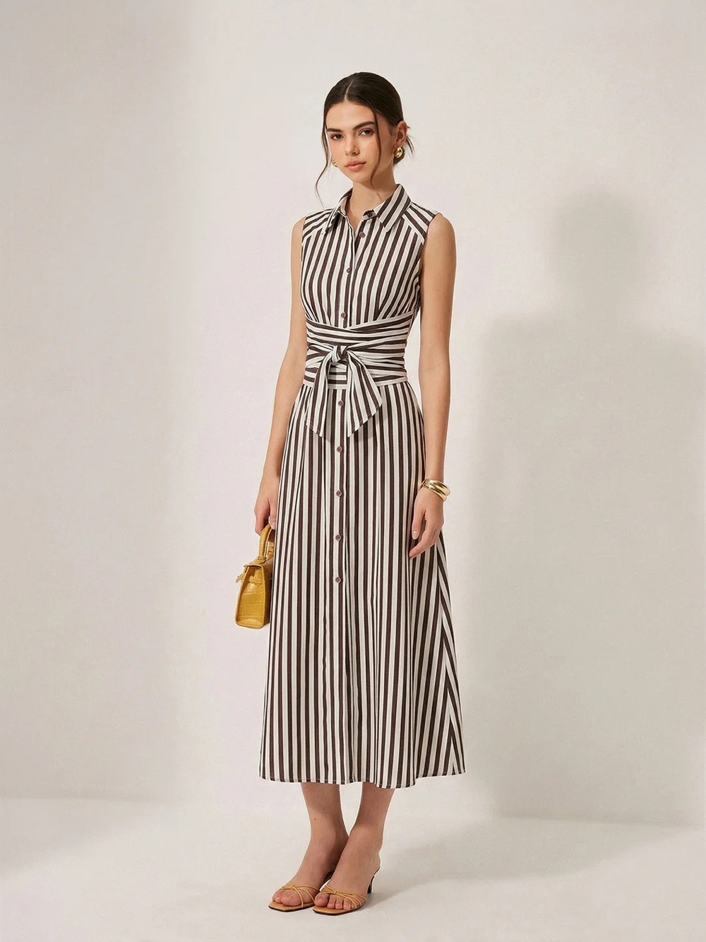 Commense Black and White Striped Maxi Shirt Dress